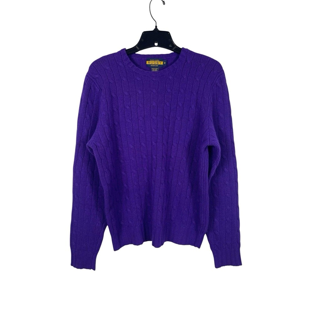 Ralph Lauren Rugby M Purple Cable Knit Sweater Wool Angora Cashmere Blend
